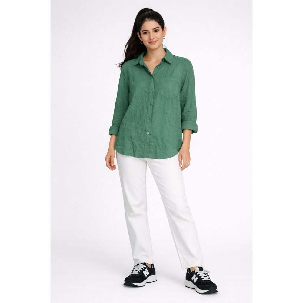 Women's Teal Green Button Down Shirt One Size Long Sleeve Pocket Casual